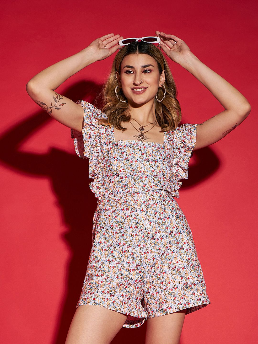 SASSAFRAS White Floral Print Playsuit With Ruffles
