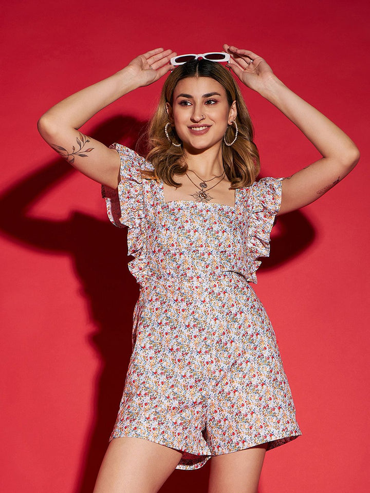 SASSAFRAS White Floral Print Playsuit With Ruffles