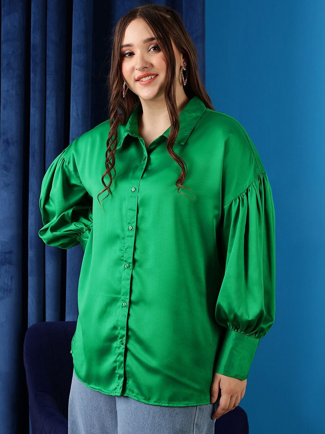 CURVY STREET Plus Size Comfort Oversized Puffed Sleeves Satin Casual Shirt