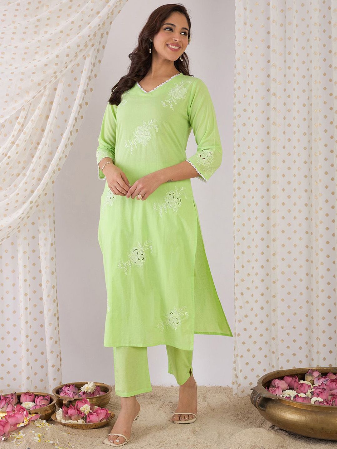 Indo Era Floral Printed V-Neck Pure Cotton Straight Kurta With Trousers