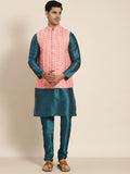 SOJANYA Men Teal Ethnic Motifs Embroidered Kurta with Churidar with Nehru Jacket