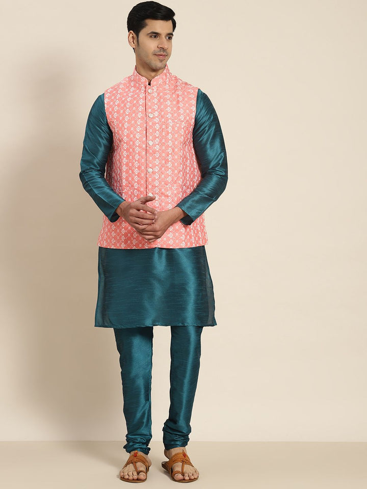 SOJANYA Lelaki Motif Etnik Teal Bersulam Kurta dengan Churidar dengan Jaket Nehru