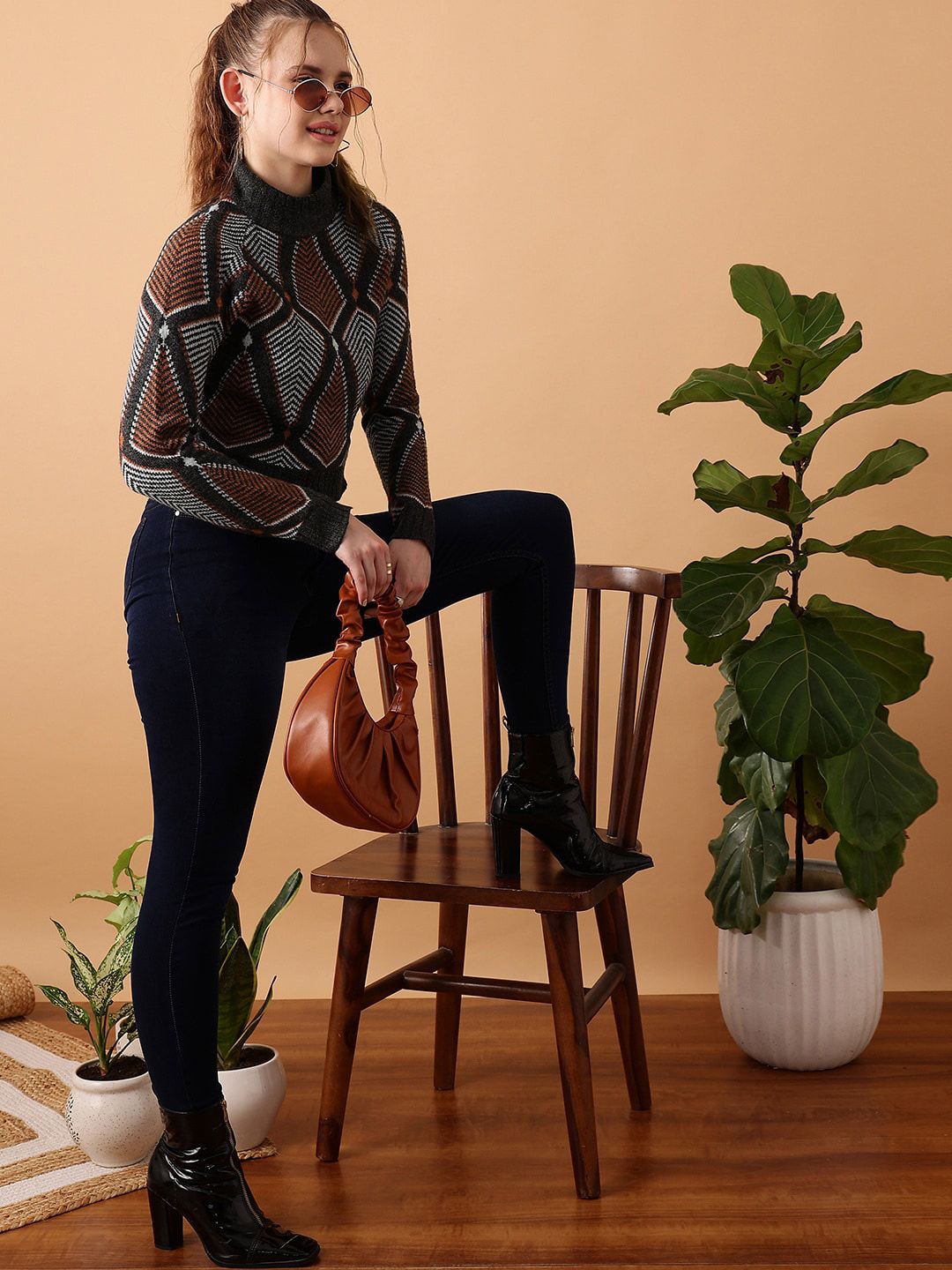 STREET 9 Geometric Printed Turtle Neck Crop Acrylic Pullover Sweater