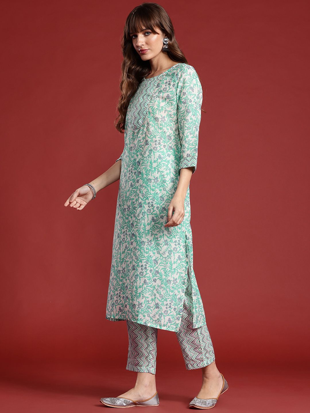 Anouk Floral Printed Regular Gotta Patti Kurta with Trousers & Dupatta