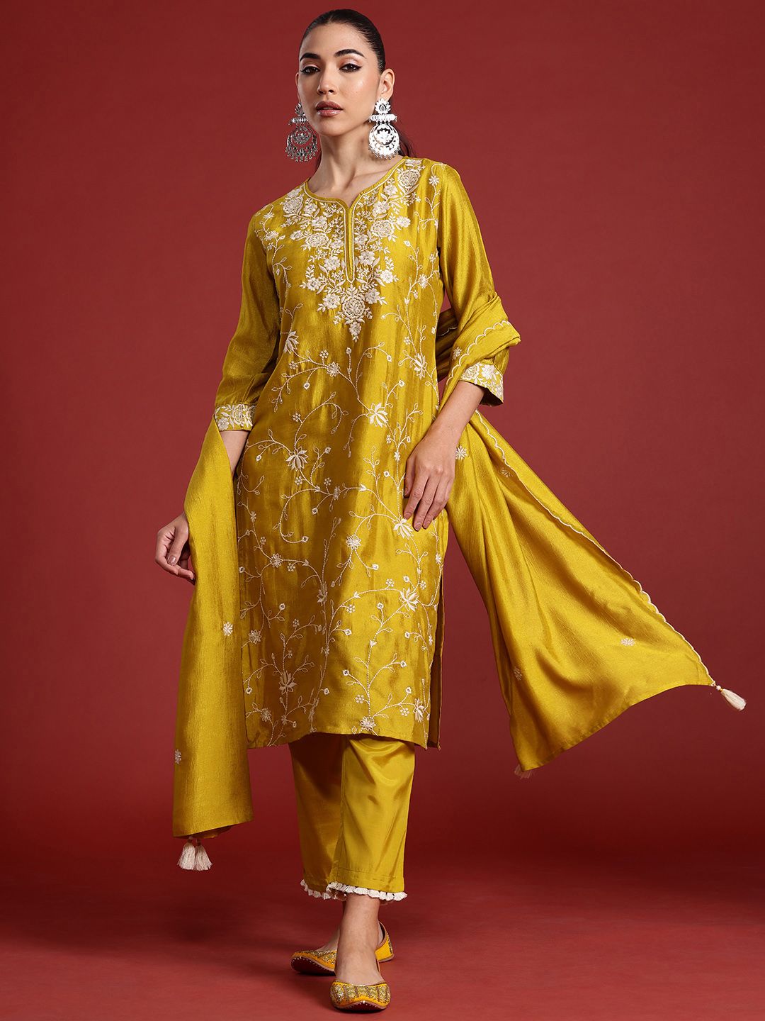Indo Era Floral Embroidered Sequinned Kurta With Trousers & Dupatta