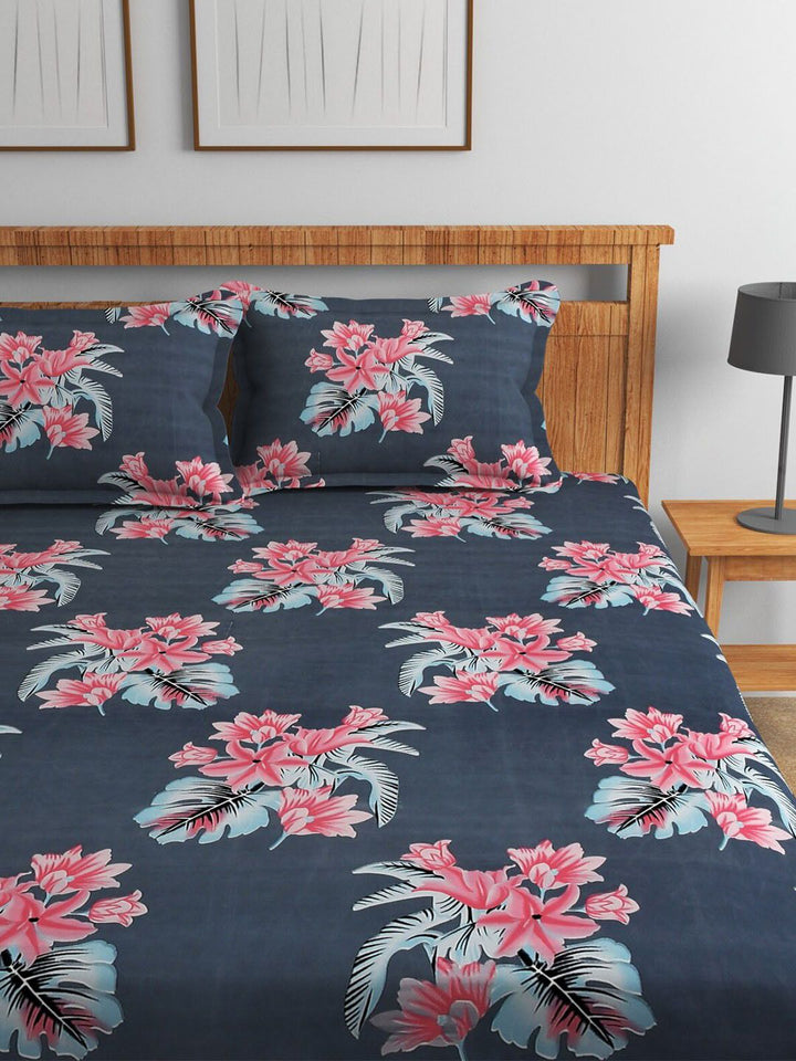 BOMBAY DYEING Grey Melange & Pink Floral 144 TC Queen Bedsheet with 2 Pillow Covers