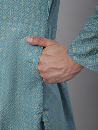 SOJANYA Ethnic Motifs Foil Printed Cotton Linen Kurta With Churidar