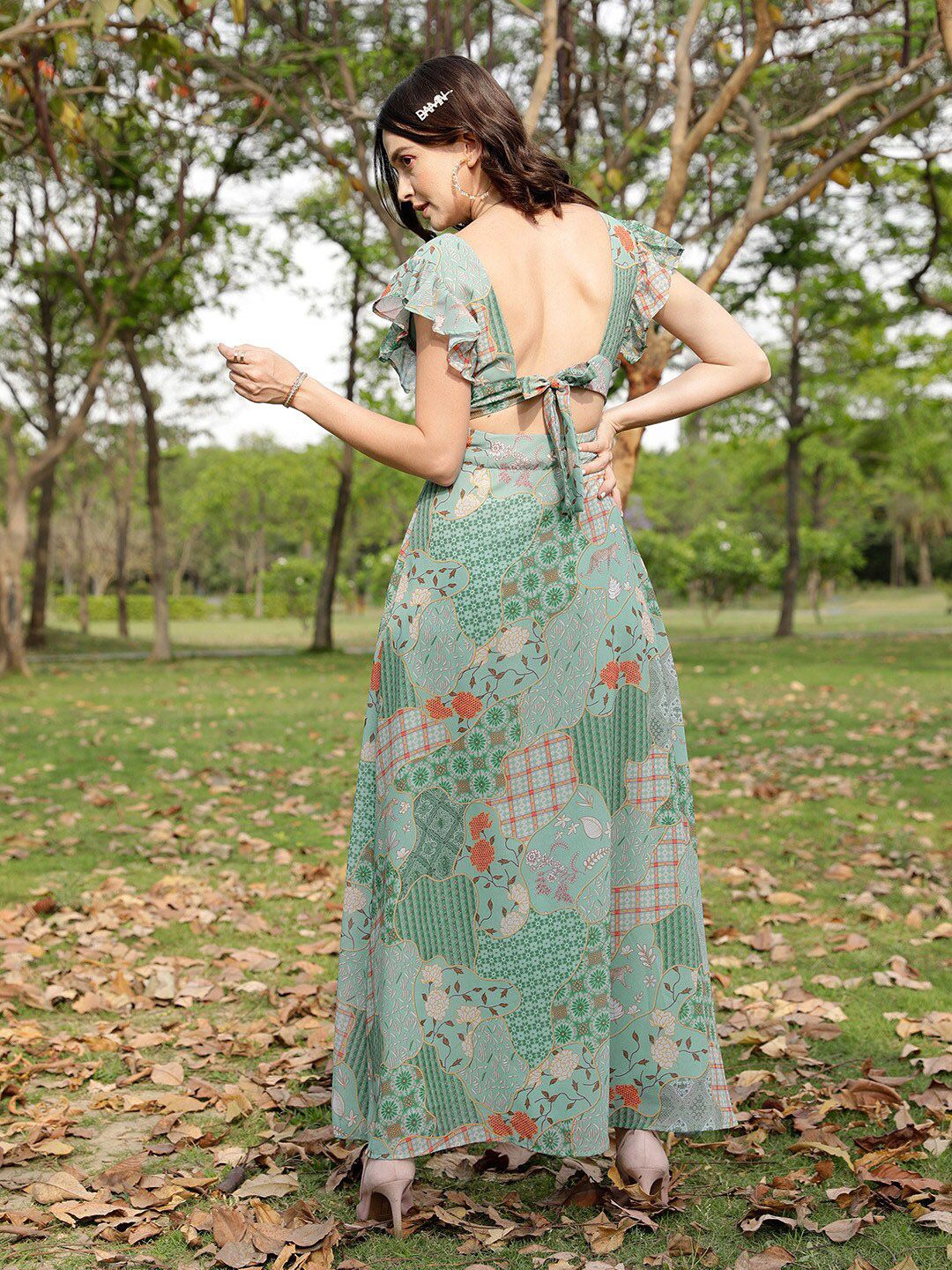 STREET 9 Green Floral Print Flutter Sleeve Georgette A-Line Dress