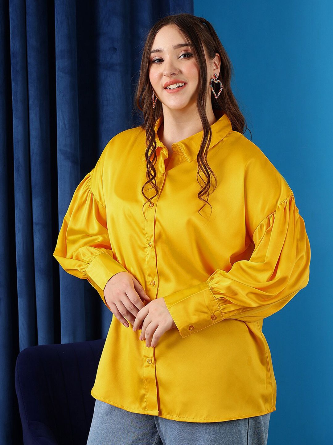 CURVY STREET Plus Size Shirt Collar Cuffed Sleeves Shirt Style Top
