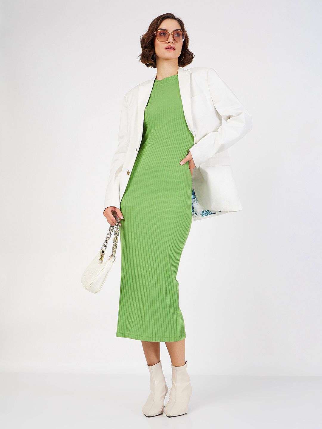 SASSAFRAS Green Ribbed Sheath Midi Dress