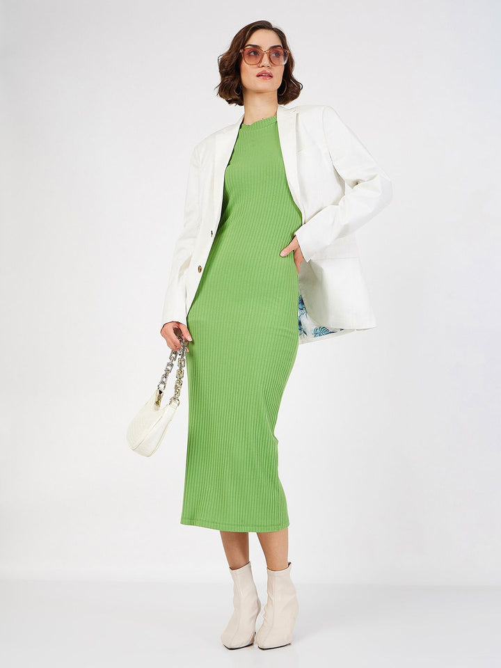SASSAFRAS Green Ribbed Sheath Midi Dress