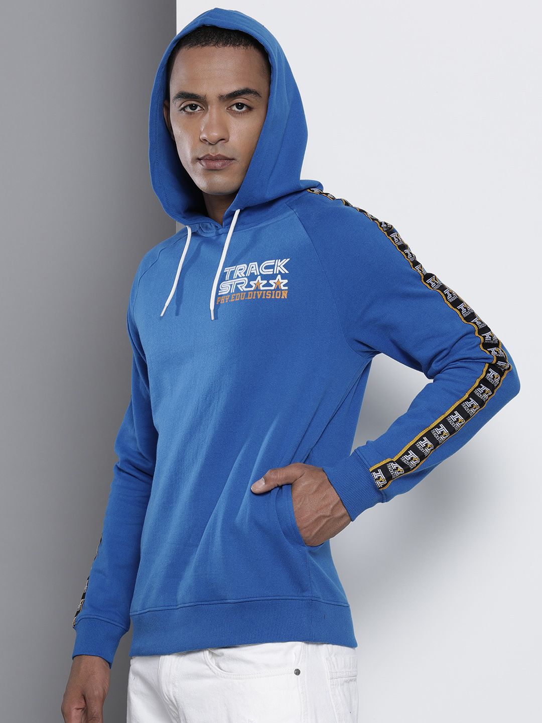 The Indian Garage Co Men Blue & Black Printed Hooded Sweatshirt