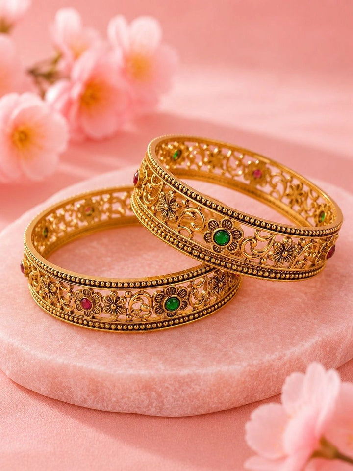 PANASH Set Of 2 Gold-Plated Artificial Stones Studded Bangles