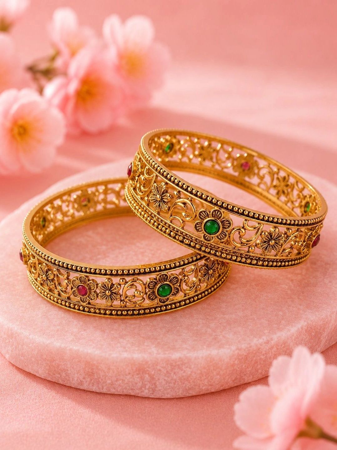 PANASH Set Of 2 Gold-Plated Artificial Stones Studded Bangles