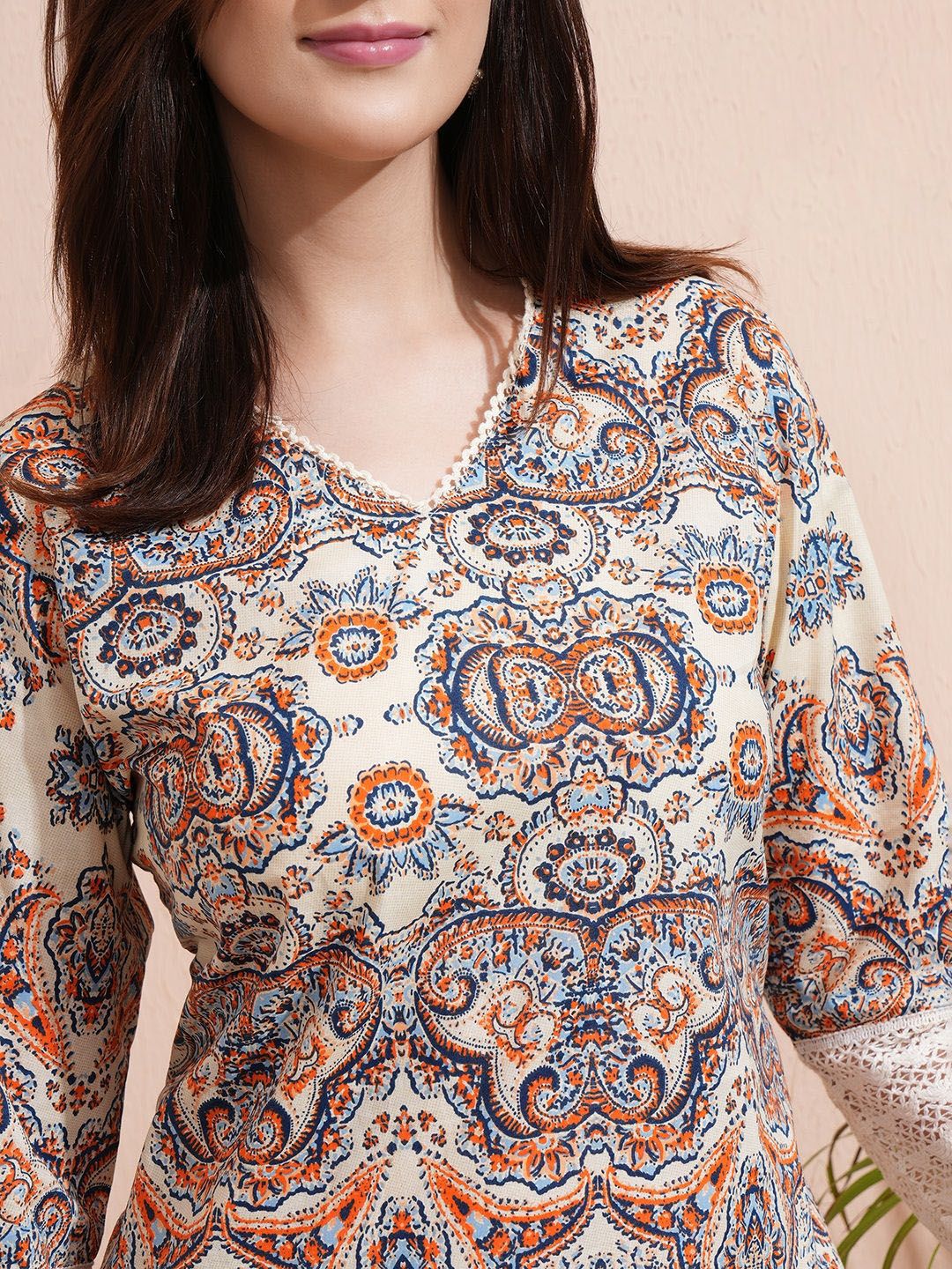 Vishudh Yellow Printed V-Neck Three-Quarter Sleeves Pure Cotton Top With Trouser