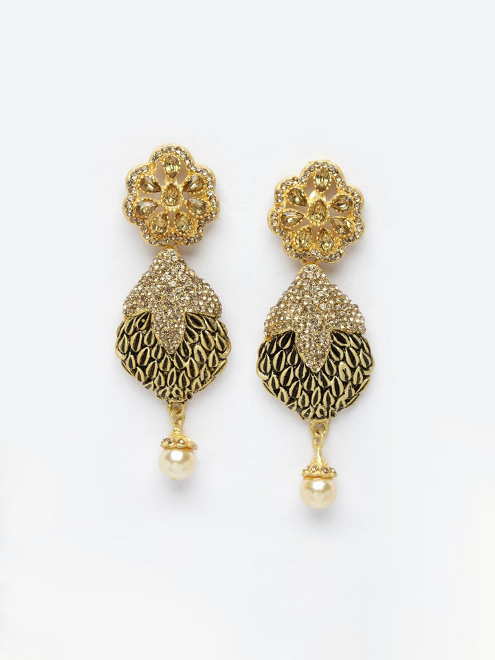 Anouk Gold-Plated Stone Studded & Beaded Crescent Shaped Drop Earrings