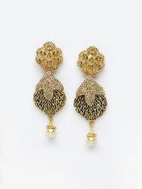Anouk Gold-Plated Stone Studded & Beaded Crescent Shaped Drop Earrings