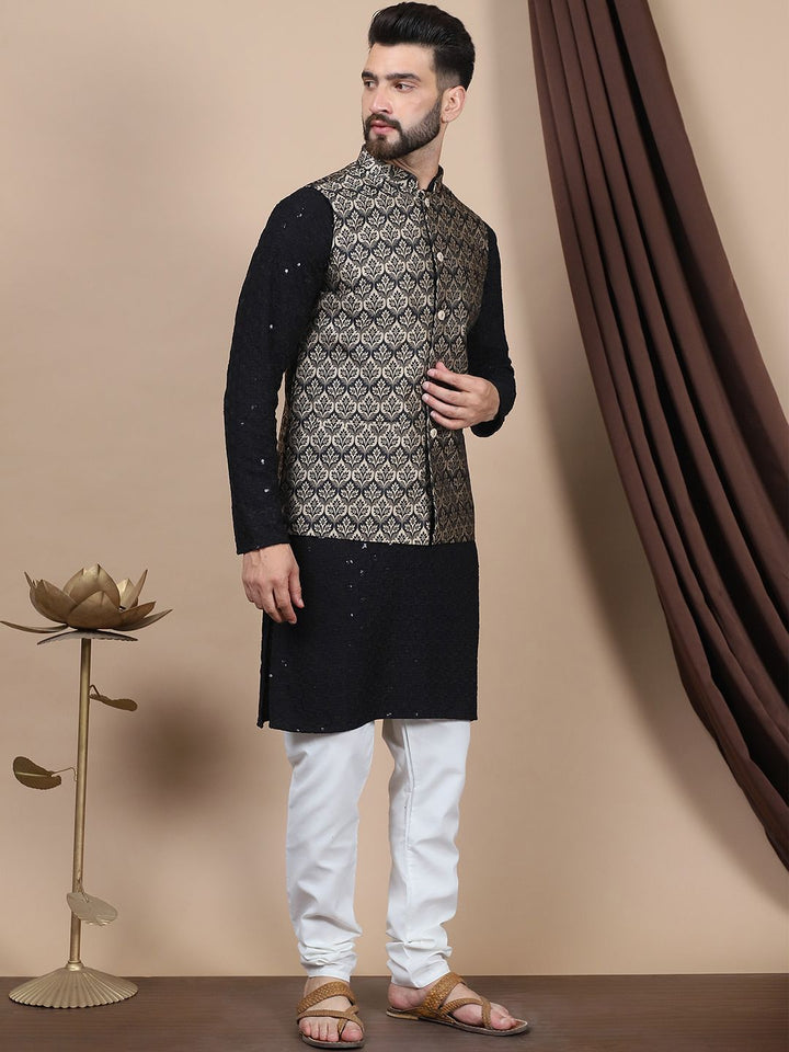 Anouk Black Floral Embroidered Sequinned Cotton Straight Kurta & Churidar & Nehru jacket