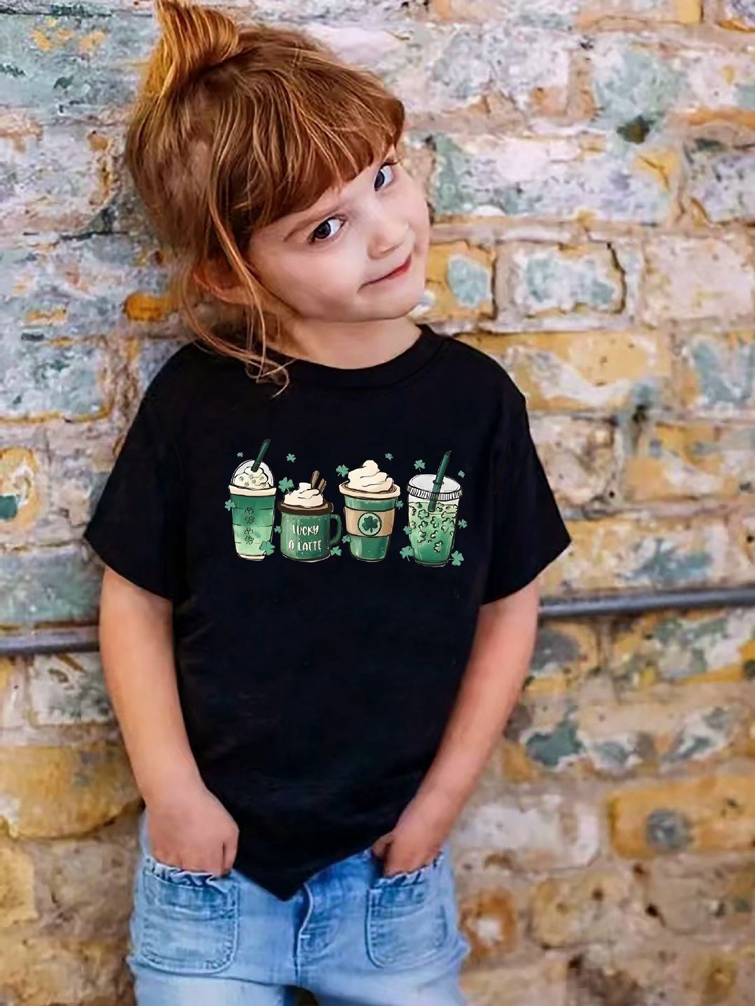 YK Girls Checked V-Neck Drop-Shoulder Sleeves Applique T-shirt