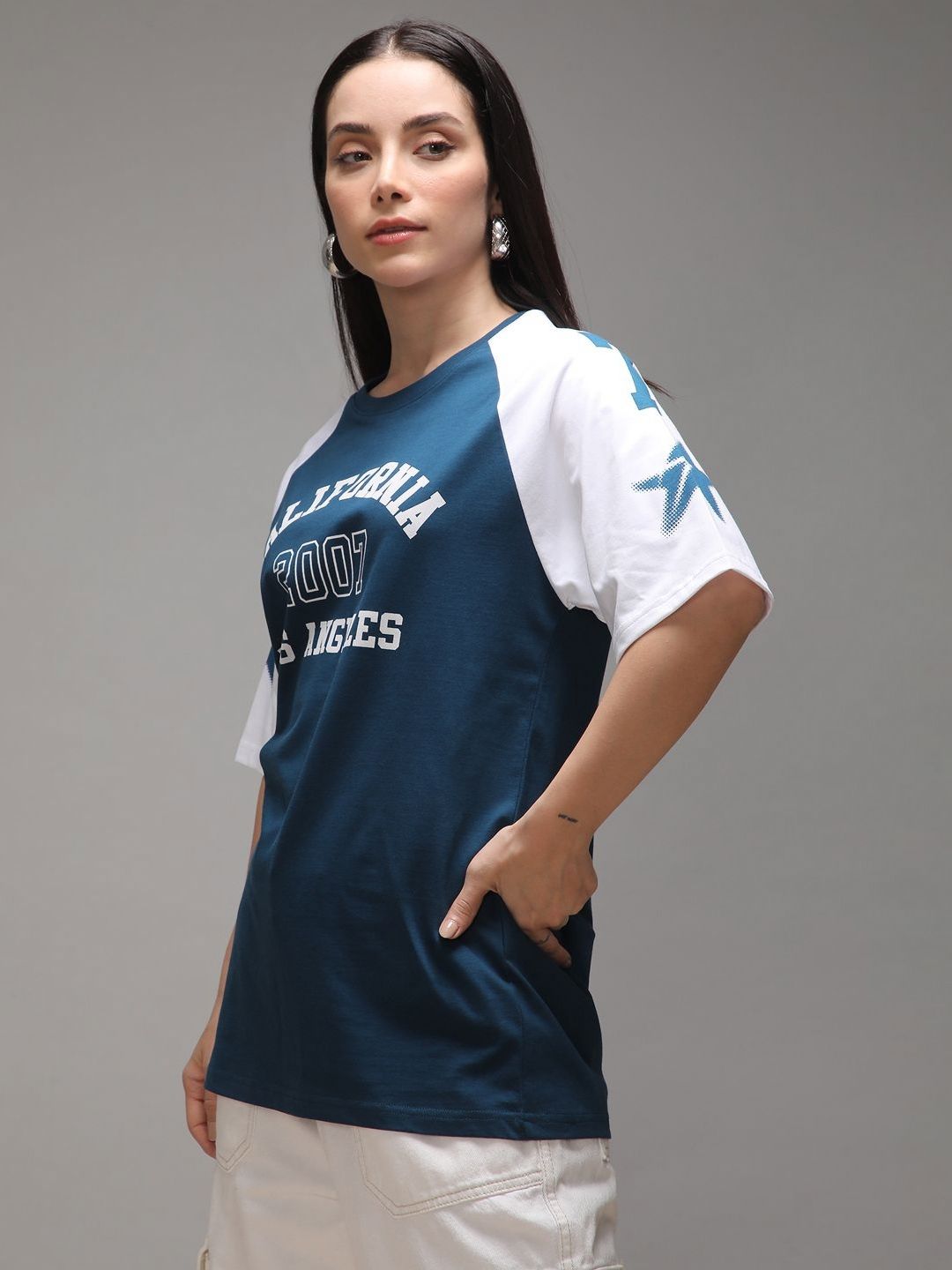 DILLINGER Women Raglan Sleeve Oversized Crew Neck Varsity Printed Tshirt