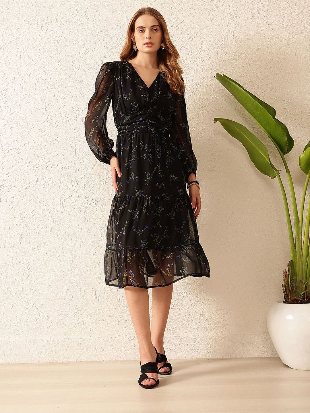 STREET 9 Floral Printed Puff Sleeves A-Line Midi Dress