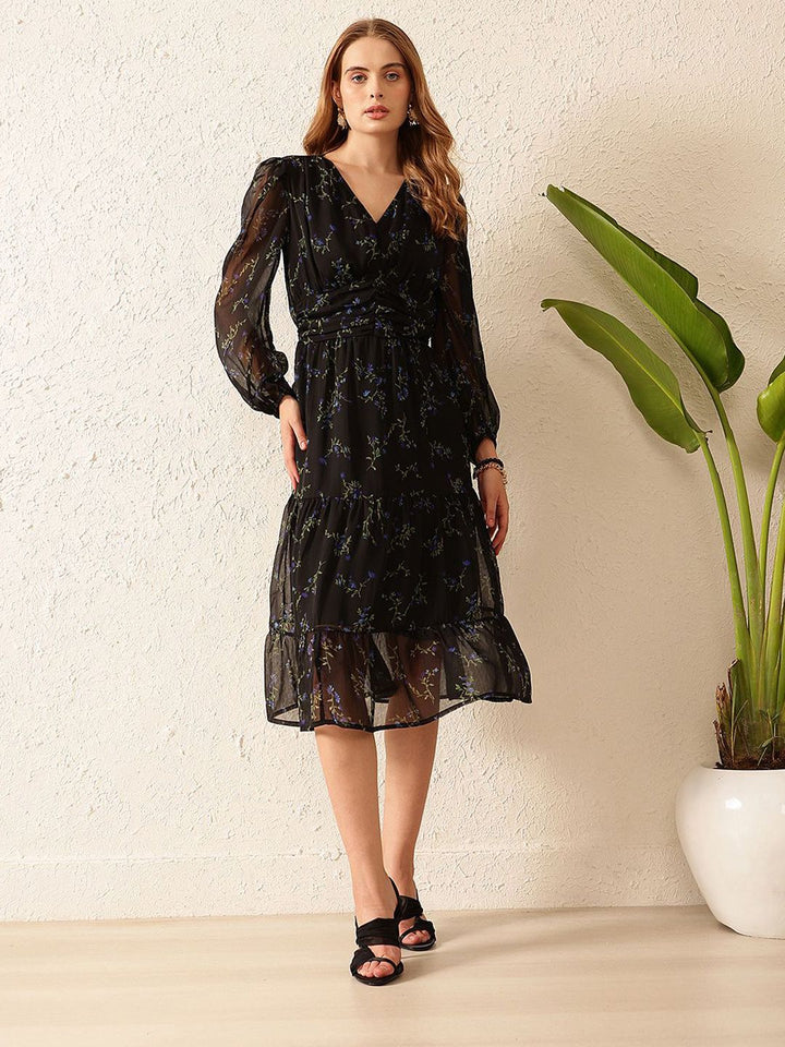STREET 9 Floral Printed Puff Sleeves A-Line Midi Dress