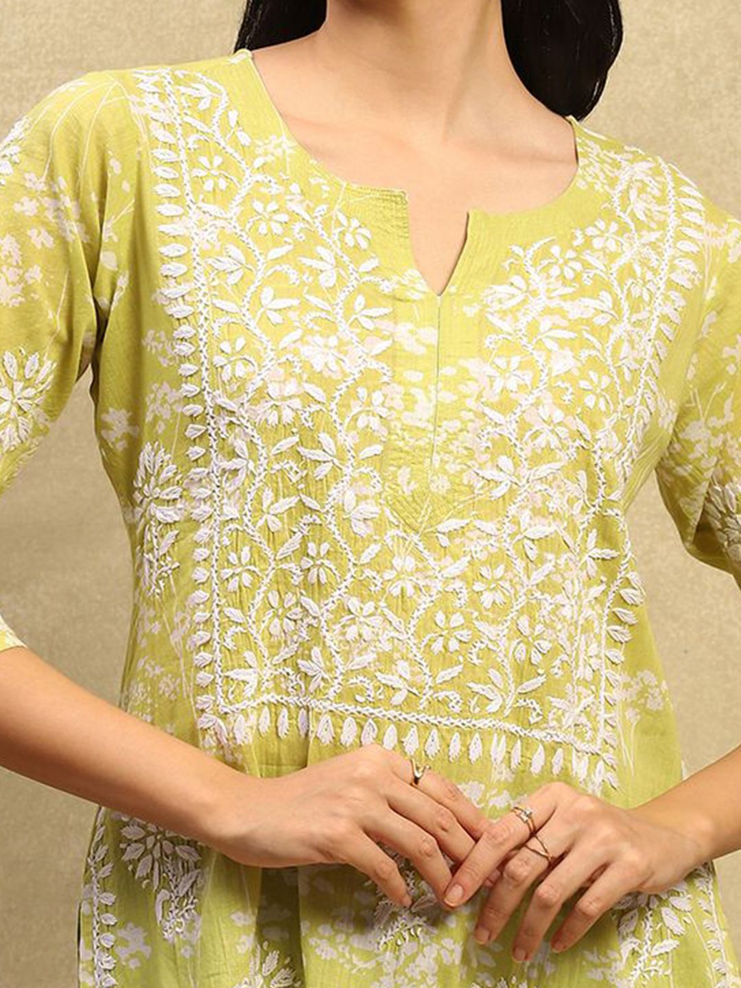 Rumah Chikankari Wanita Kapas Hijau Chikankari Sulam Kurti