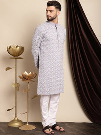Anouk Lavender & White Floral Embroidered Thread Work Pure Cotton Kurta With Churidar