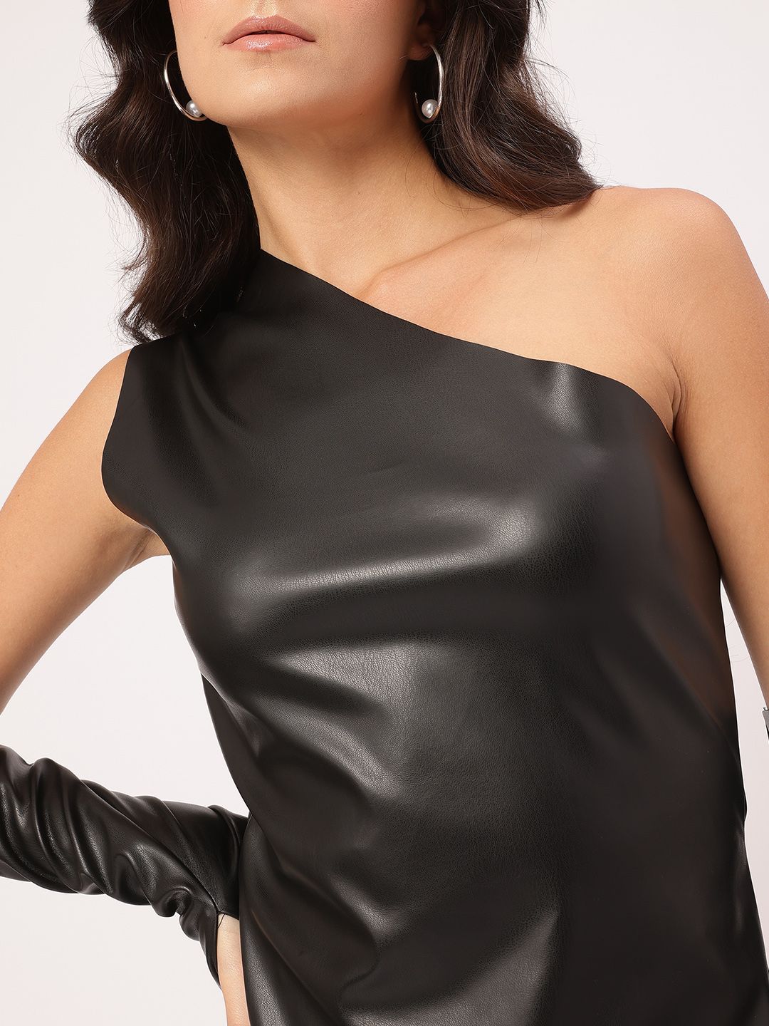 DressBerry Grunge Glam Faux Leather Asymmetric Top With Hand Gloves