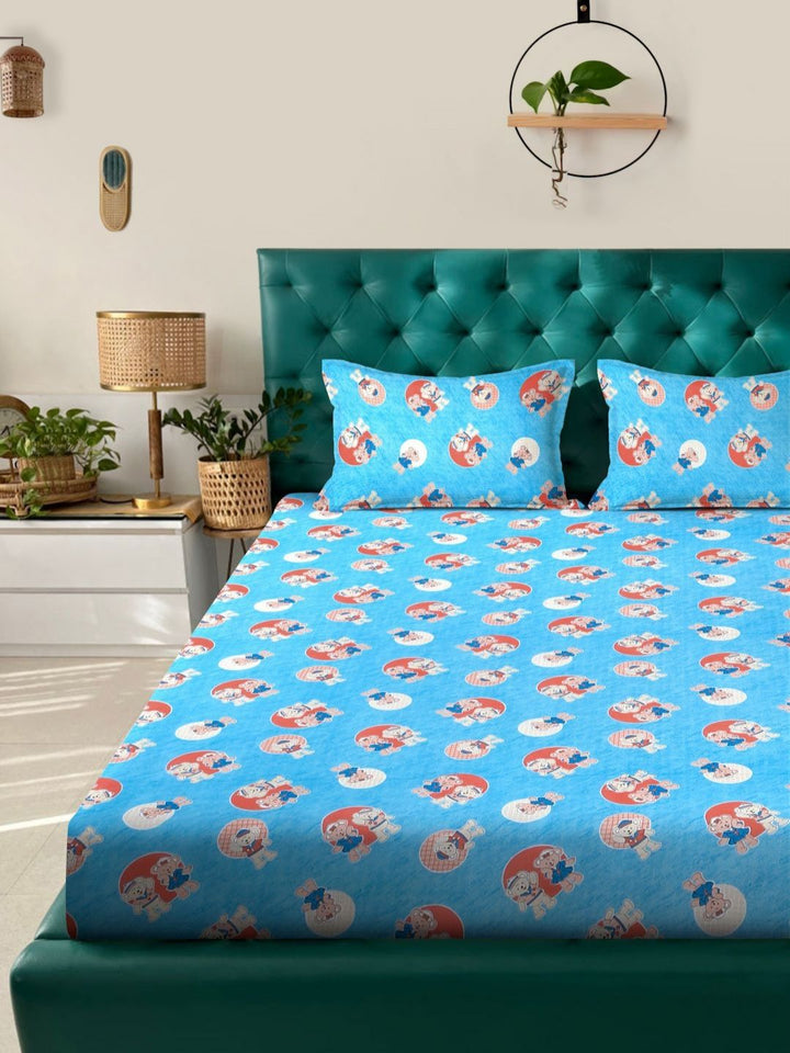 KLOTTHE Blue Cartoon Printed Fitted 400 TC Cotton King Bedsheet & 2 Pillow Covers