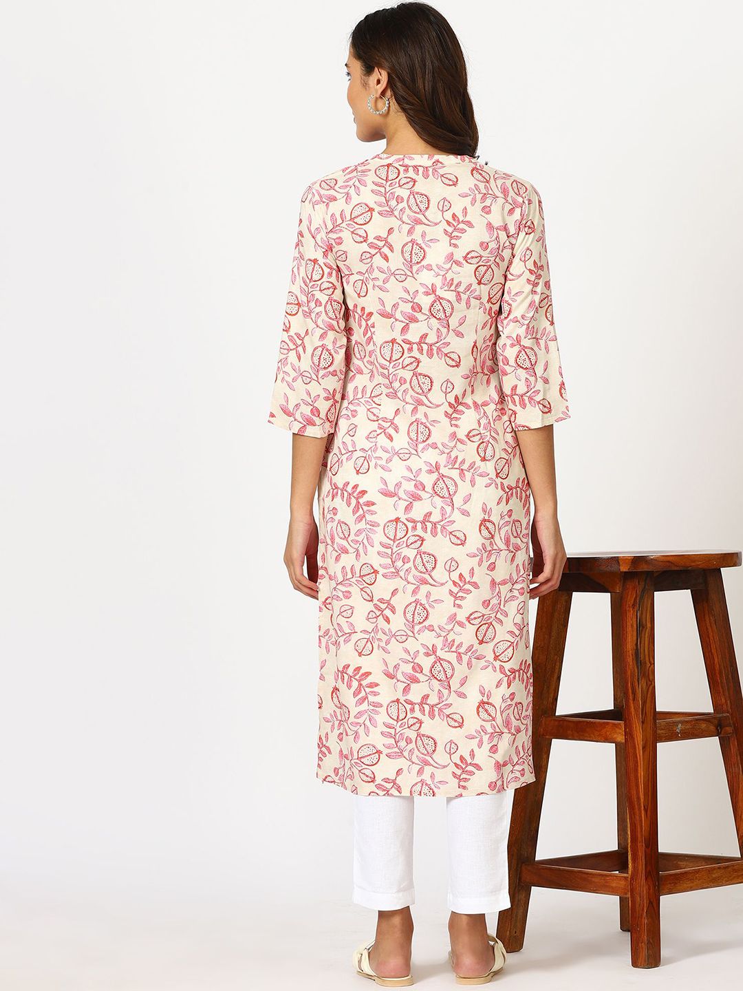 W Beige Floral Printed Mandarin Collar Three-Quarter Sleeves Regular Straight Kurta
