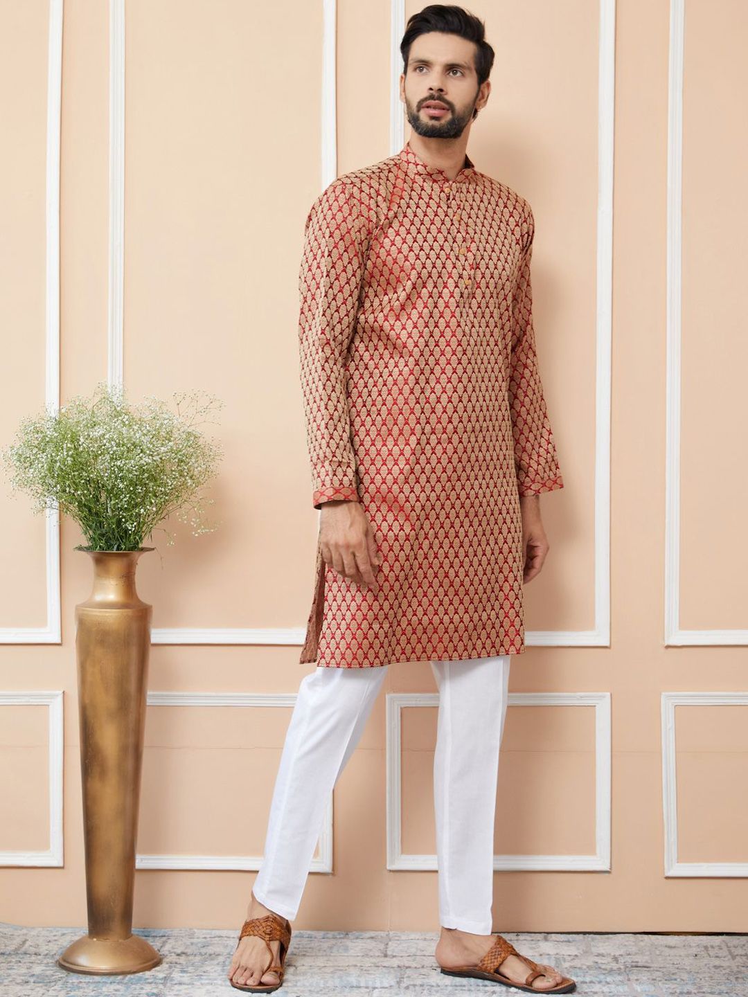 See Designs Ethnic Motifs Woven Design Mandarin Collar Silk Jacquard Straight Kurta