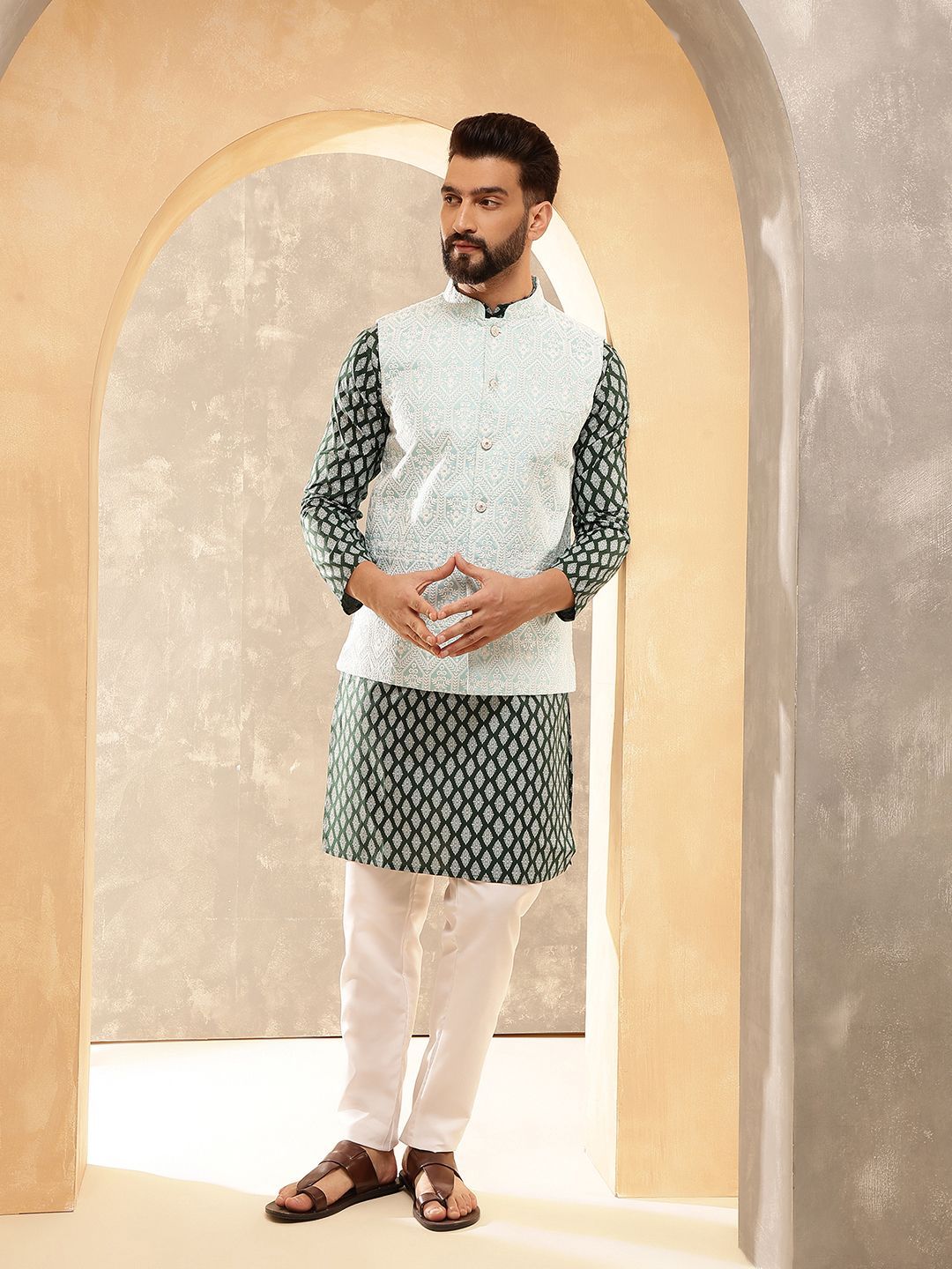 Anouk Green Ethnic Motifs Printed Pure Cotton Straight Kurta With Pyjamas