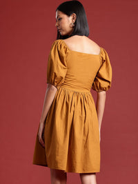 all about you Puff Sleeves Smocked Pure Cotton Fit & Flare Dress