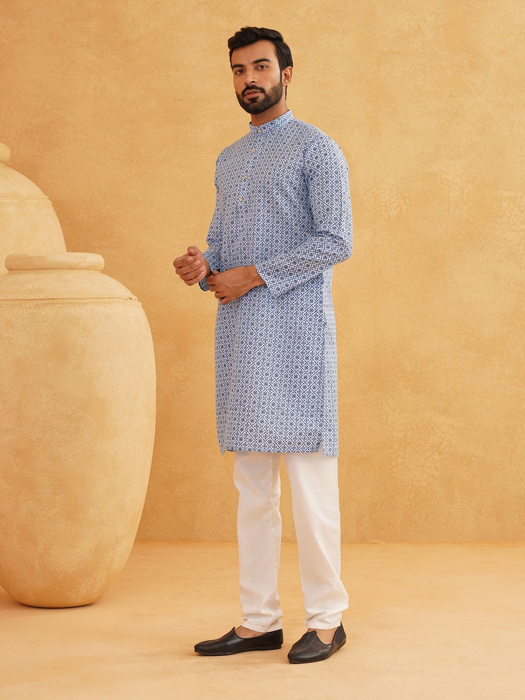 SOJANYA Floral Printed Band Collar Cotton Linen Straight Kurta With Churidar