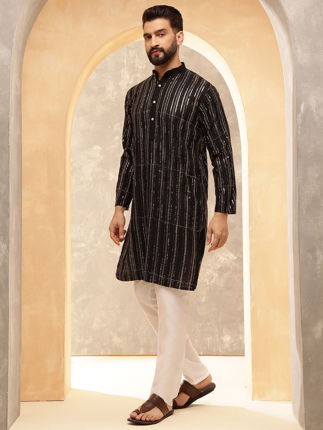 Anouk Black Striped Sequinned Pure Cotton Straight Kurta With Pyjama