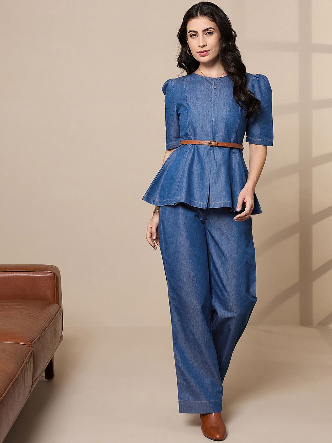 SASSAFRAS worklyf Pure Cotton Peplum Top With Straight Trousers
