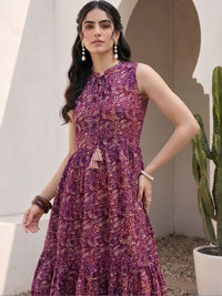 Mamicha Floral Print Tie-Up Neck Crepe A-Line Midi Dress