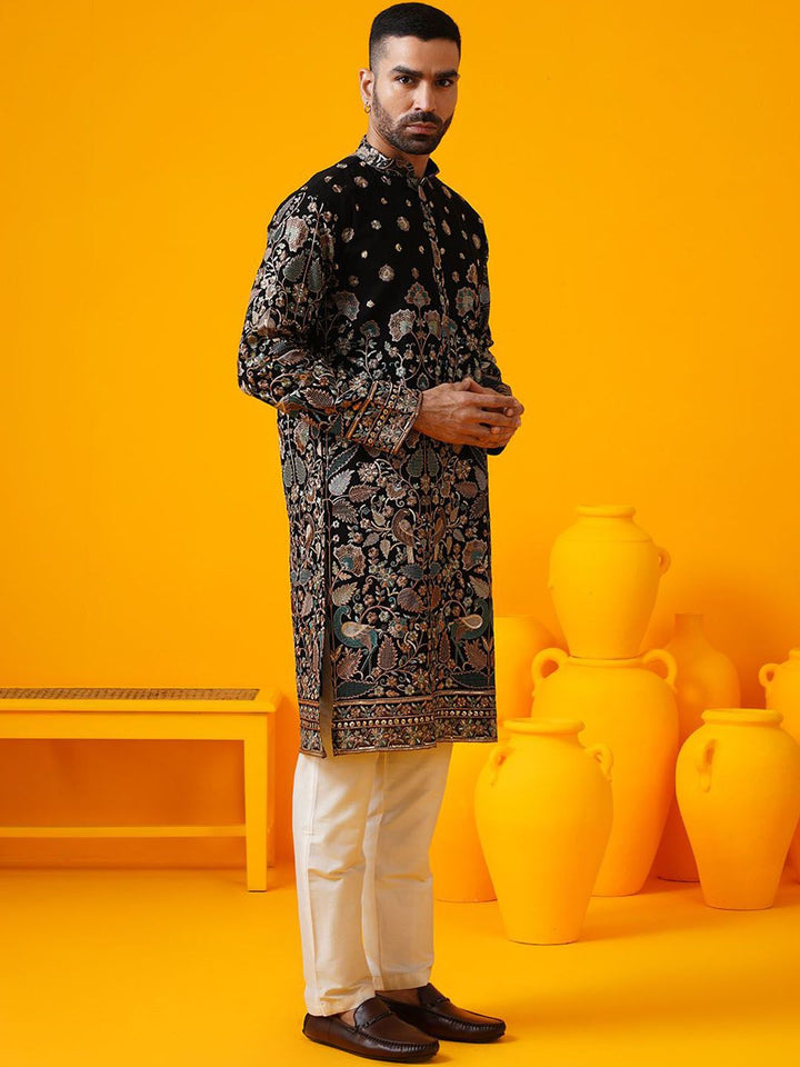 SOJANYA LUXE Kolar Mandarin Sulam Bunga Georgette Kurta Lurus Dengan Seluar