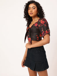 DressBerry Floral Printed Bow Detailed Fitted Crop Top