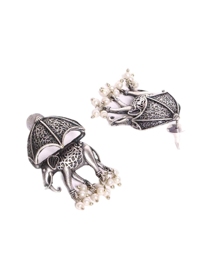 PANASH Silver Plated Elephant Shaped Oxidized Elephant Shaped Drop Earrings