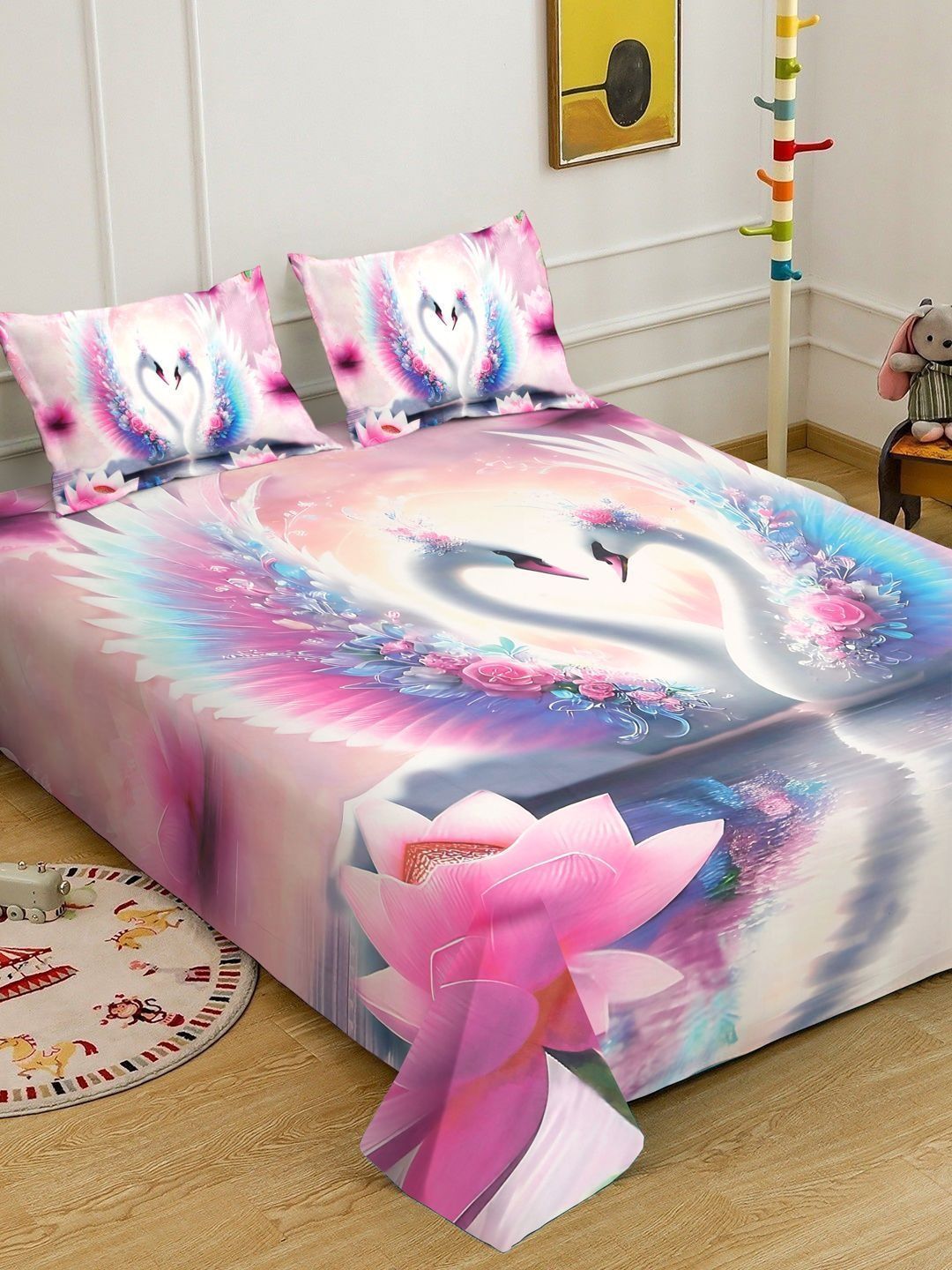 KLOTTHE Pink Animal Cartoon Flat 400 TC Double King 7D Bedsheet With 2 Pillow Cover