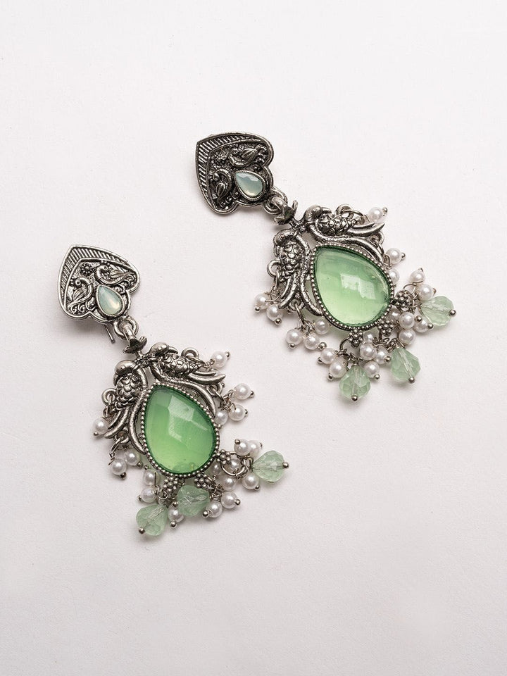 PANASH Silver-Plated Stones Studded And Beaded Contemporary Shaped Oxidized Drop Earrings