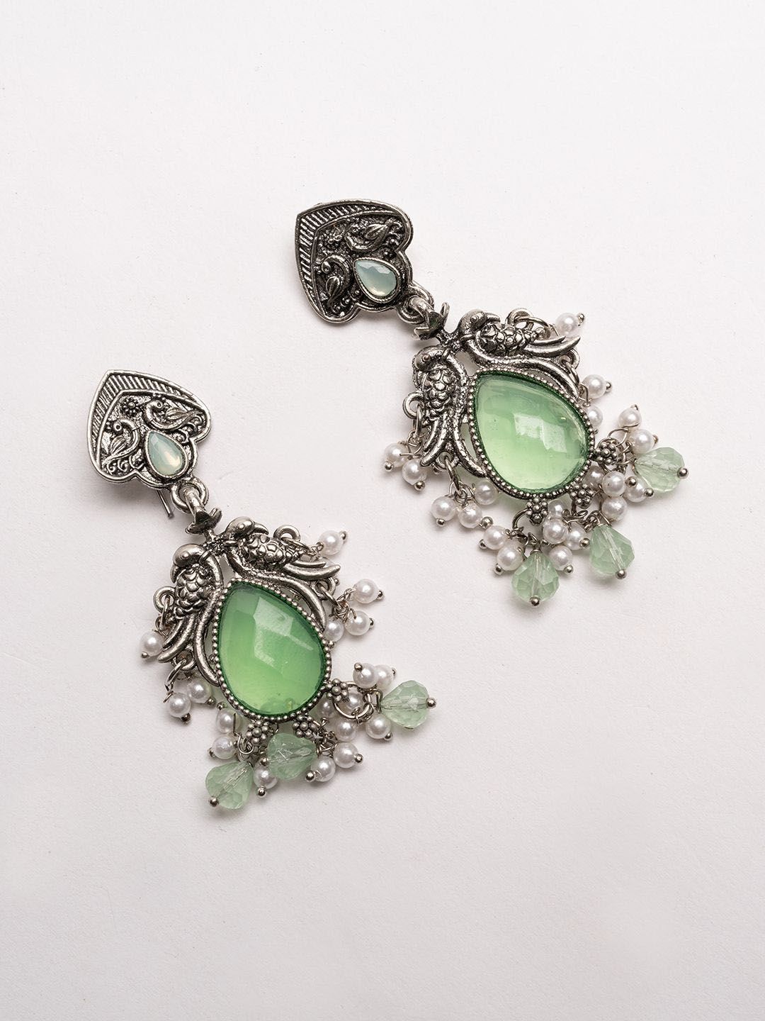 PANASH Silver-Plated Stones Studded And Beaded Contemporary Shaped Oxidized Drop Earrings