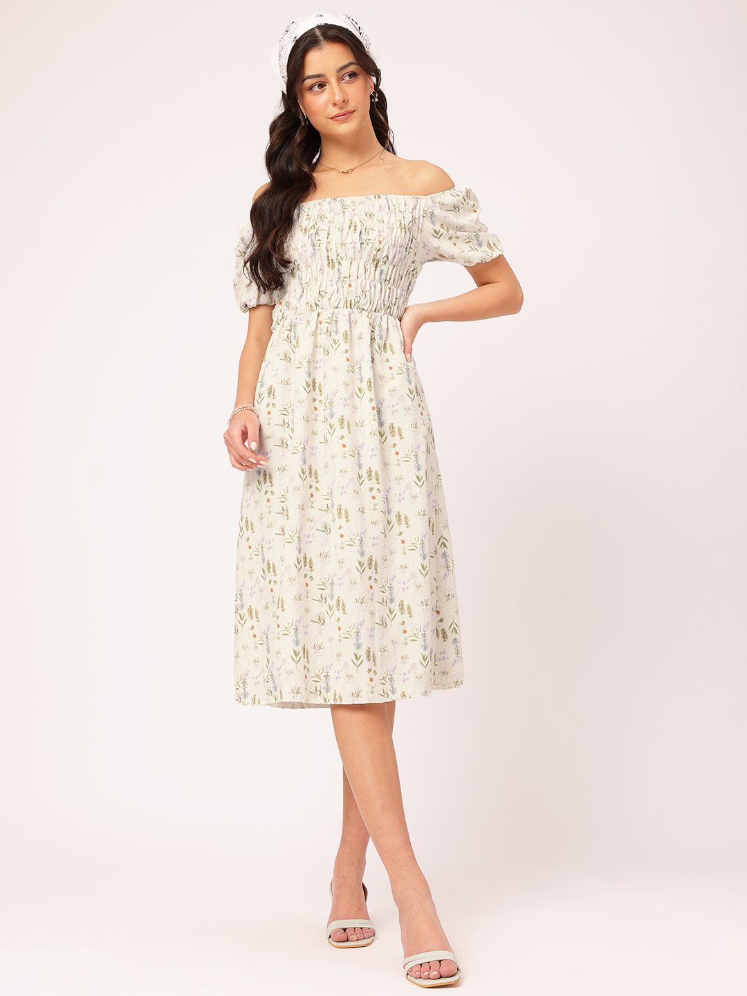 DressBerry Floral Print Off-Shoulder Fit & Flare Midi Dress