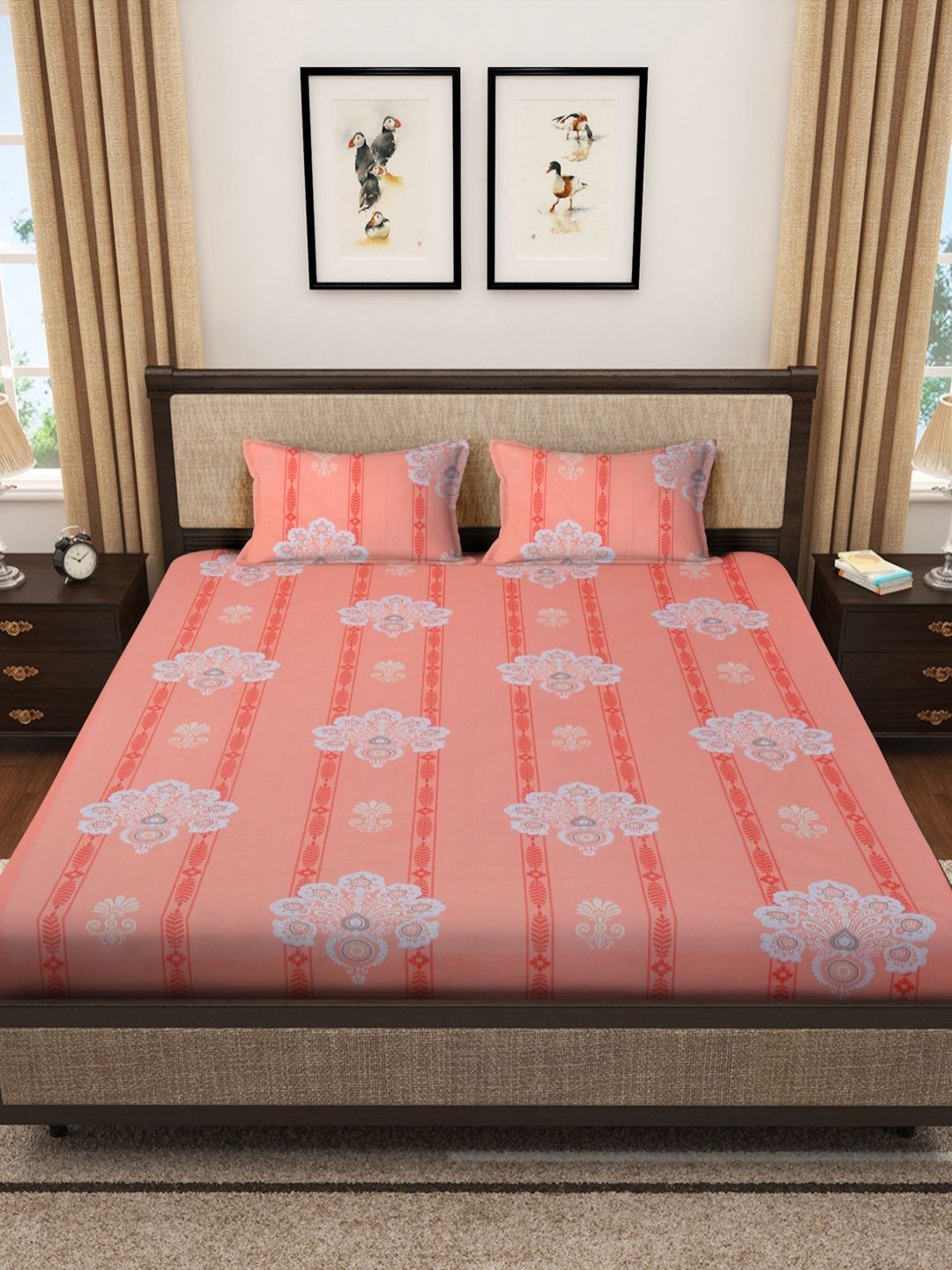 Myntra Elegant Homes Pink Floral Cotton 400 TC King Superfine Bedsheet dengan 2 Sarung Bantal-98 x 89 inci