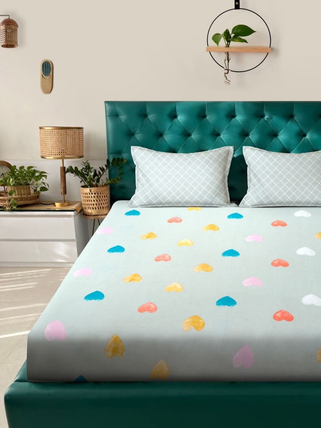 Myntra Elegant Homes Green Graphic Cotton 300 TC King Fine Bedsheet with 2 Pillow Covers-250 x 225 cm