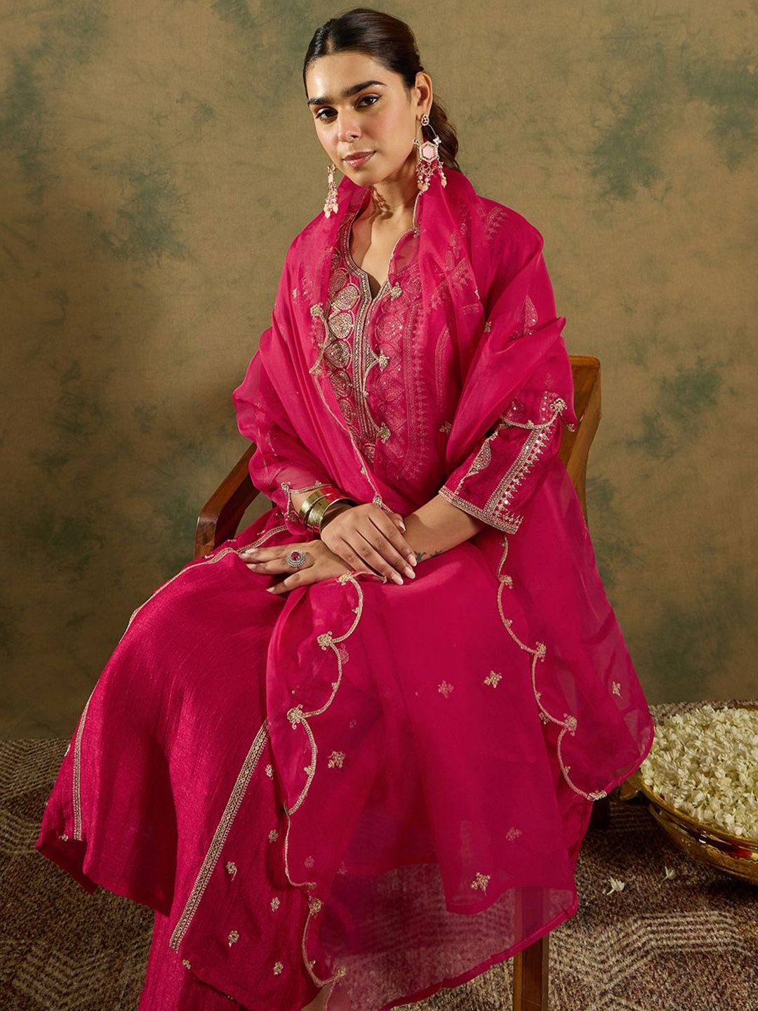 Indo Era Ethnic Motifs Embroidered Panelled A-Line Kurta with Trousers & Dupatta