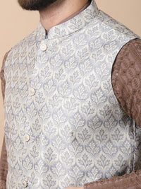 Anouk Brown Floral Embroidered Sequinned Pure Cotton Kurta with Churidar & Nehru Jacket