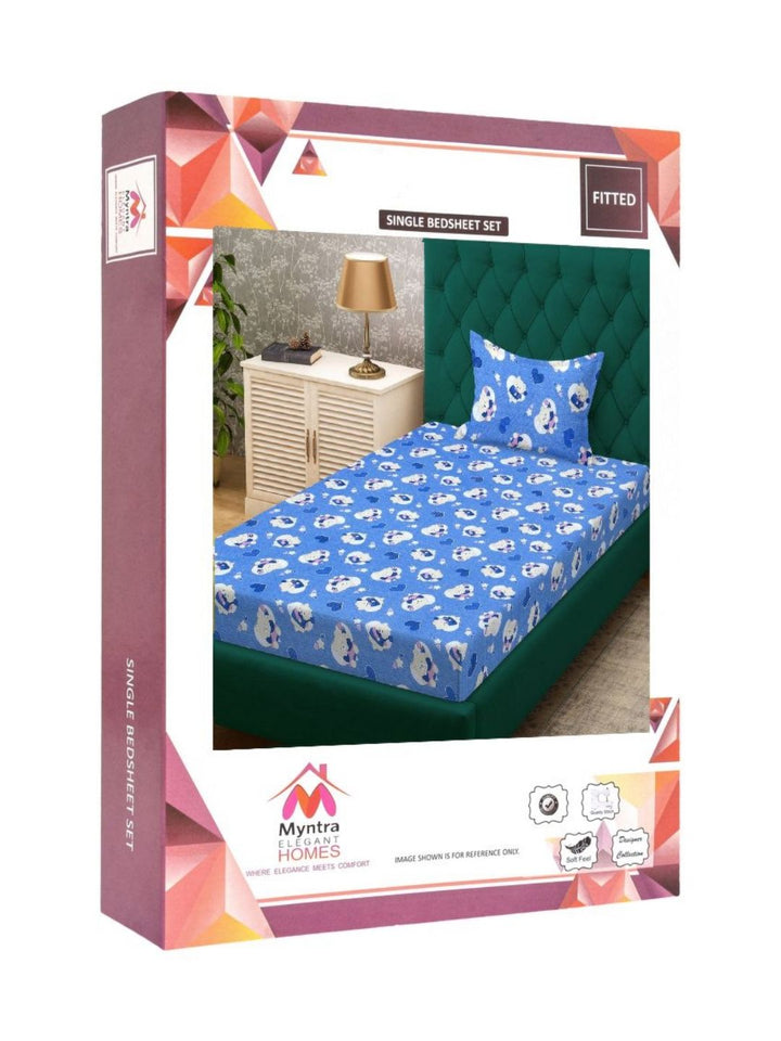 Myntra Elegant Homes Blue 400 TC Pure Cotton Fitted Single Bedsheet Set 2.25 m x 1.5 m
